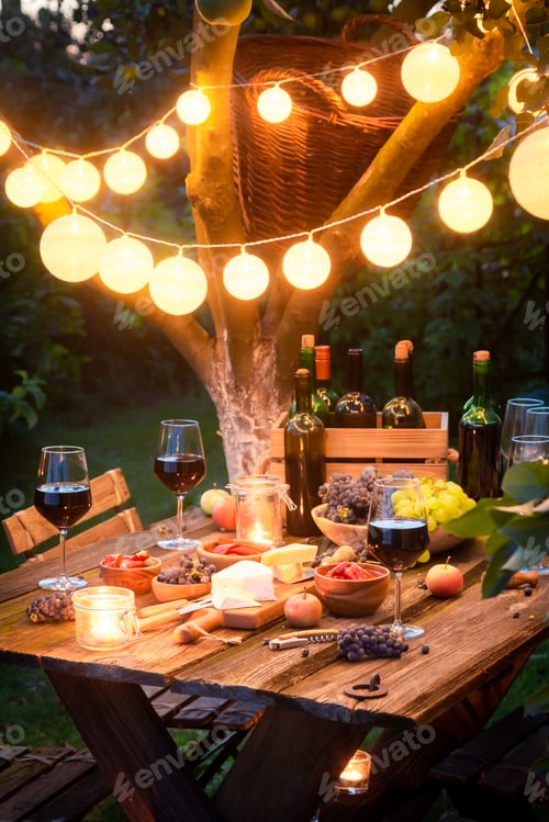 Preview: Closeup of table with appetizers and wine in illuminated garden