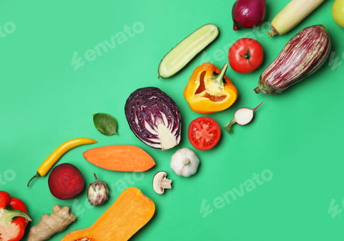 Preview: Flat lay composition with fresh ripe vegetables on color background