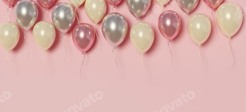 Preview: Pastel balloons on soft pink background, celebration decor, 3D render.
