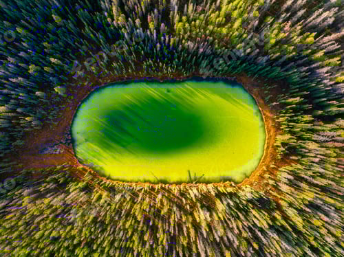 Preview: A drone view of the lake in the woods. An aerial view of the forest. View from the drone.