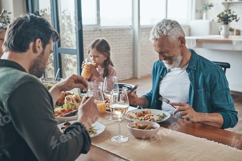 Preview: Happy multi-generation family communicating and smiling while having dinner together