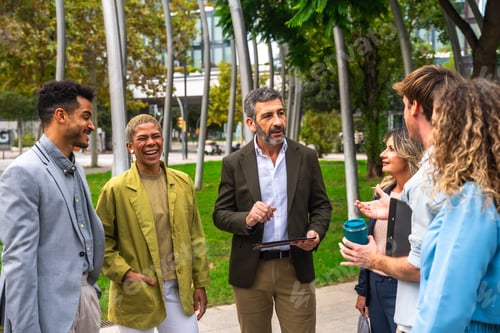 Preview: Diverse business professionals discussing work outdoors in city park