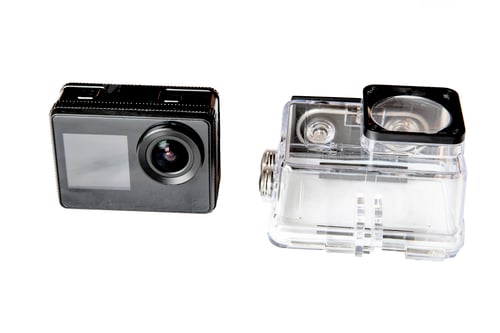 Preview: Action camera and a protected waterproof case, isolated on white
