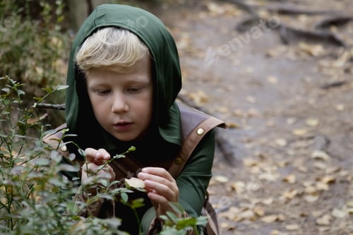 Preview: Close up portrait of a boy in a medieval costume against a forest background