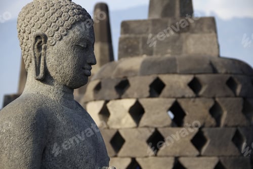 Preview: A figure of a winged face of the bells in The Borobudur Temple. Indonesia