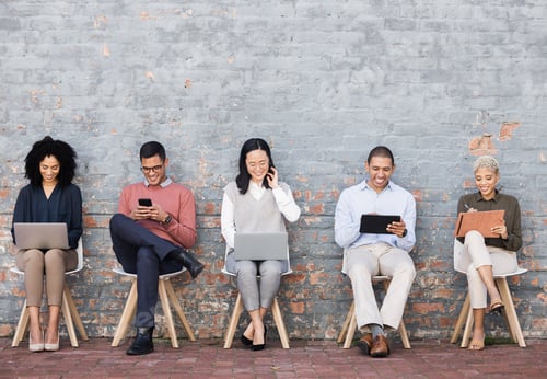 Preview: Business people, line and sitting relax with technology for interview meeting, recruitment or compa