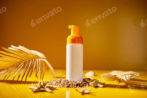 Preview: Sunscreen tube mockup with shells, sand yellow background