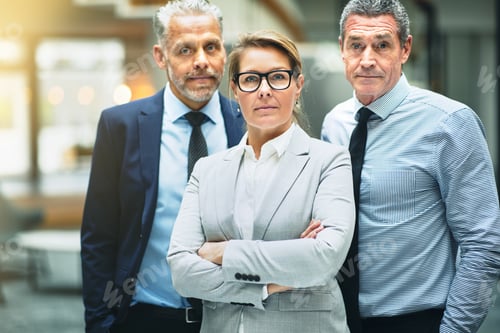 Preview: Confident mature businesswoman and two coworkers standing in an office