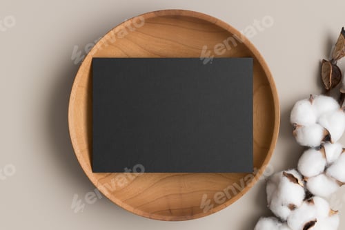 Preview: Invitation black card mockup on a wooden plate with a cotton branch. 5x7 ratio, similar to A6, A5.