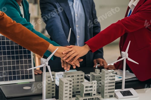 Preview: Group asian business people meeting boardroom clean energy city solutions discussing solar panels