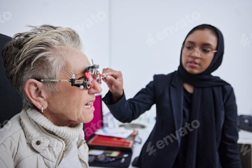 Preview: Eye exam, frame and senior woman with optometrist in clinic for vision test, eyesight and optical a