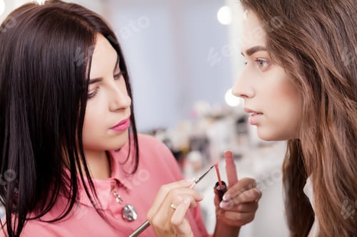 Preview: Professional Make-up artist doing makeup for young businesswoman at beauty salon. Close up