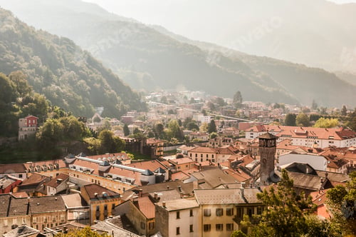 Preview: View of rooftops and the three castles of Bellinzona, Ticino, Switzerland