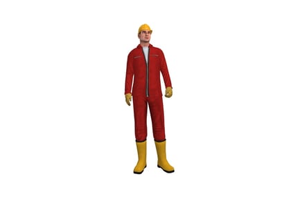 Preview: Construction worker in red coveralls and yellow hard hat