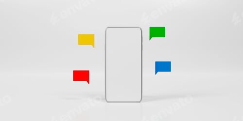Preview: 3D render smartphone with floating chat bubbles, social media chat app trendy.