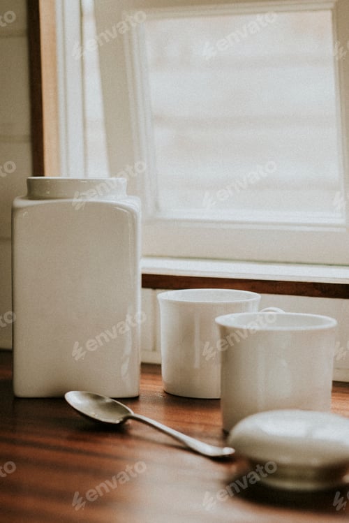 Preview: Coffee white porcelain jars on kitchen counter