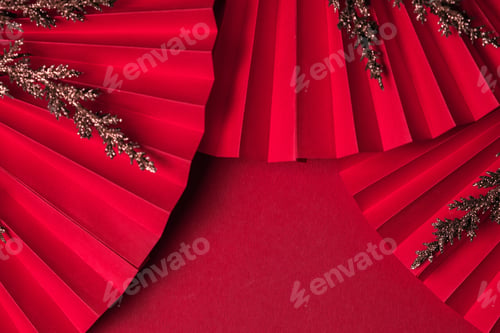 Preview: Chinese New Year .Decor pattern fan on red background. Red paper fans .Lunar New Year banner templa