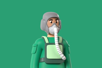 Preview: Person in green shirt and gray helmet with white breathing apparatus
