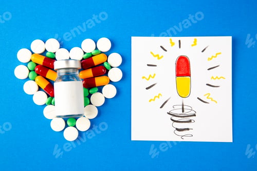 Preview: top view heart shaped pills different colored with vaccine on blue background pandemic color drugs