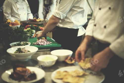Preview: team cooks and chefs preparing meal
