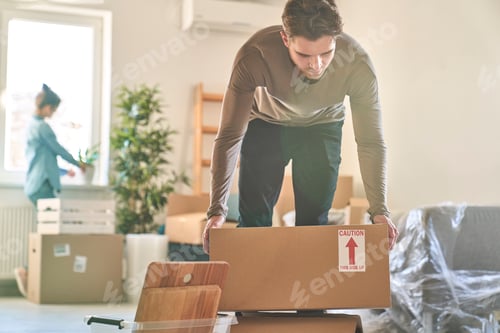 Preview: Caucasian couple carrying paper boxes while moving house