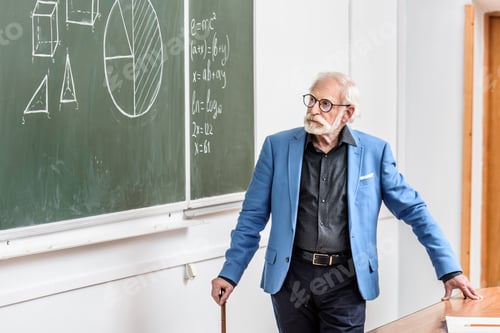 Preview: grey hair professor looking at blackboard