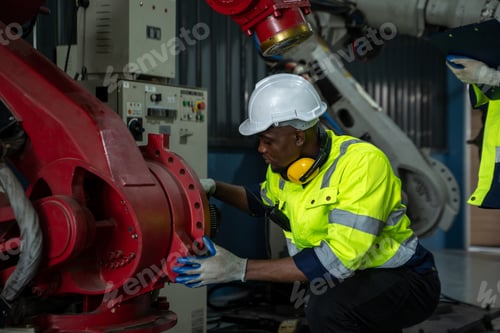 Preview: Engineer working and programming robotic arm in production plant factory.