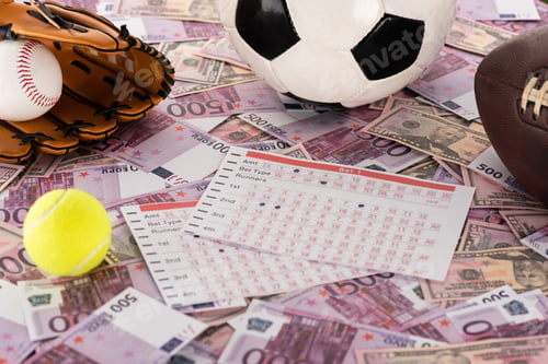 Preview: baseball glove and ball, soccer, tennis and rugby balls near betting lists on euro and dollar