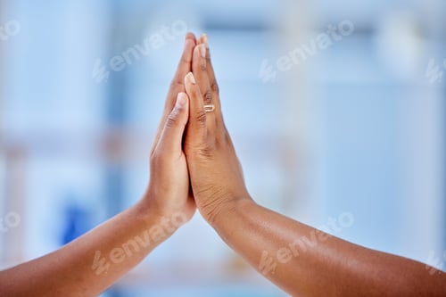 Preview: High five, teamwork and business people hands in support of collaboration, unity and goal on blurre