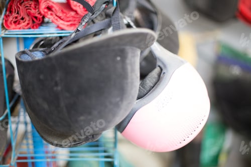 Preview: Riding horse helmet. Safety protection equipment in horse riding school with no people