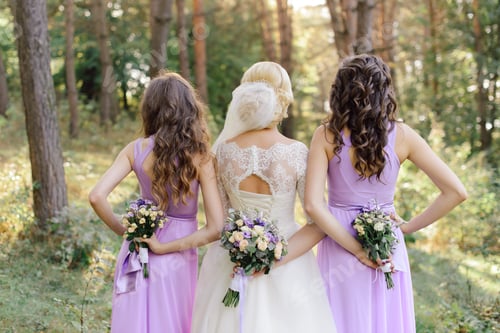 Preview: Beautiful bride and bridesmaids outdoors in the woods