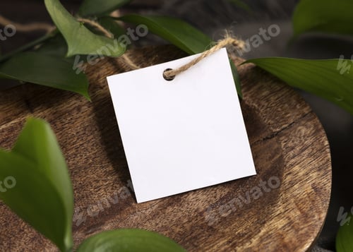 Preview: Square gift tag mockup on brown wooden tray near green leaves and grey fabric closeup