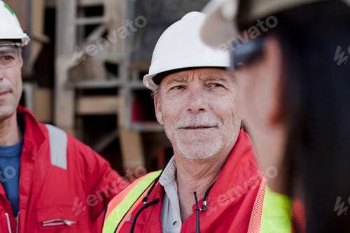 Preview: Workers in hard hats at a construction site.