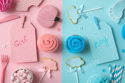 Preview: Cards and sweets on blue and pink background, top view