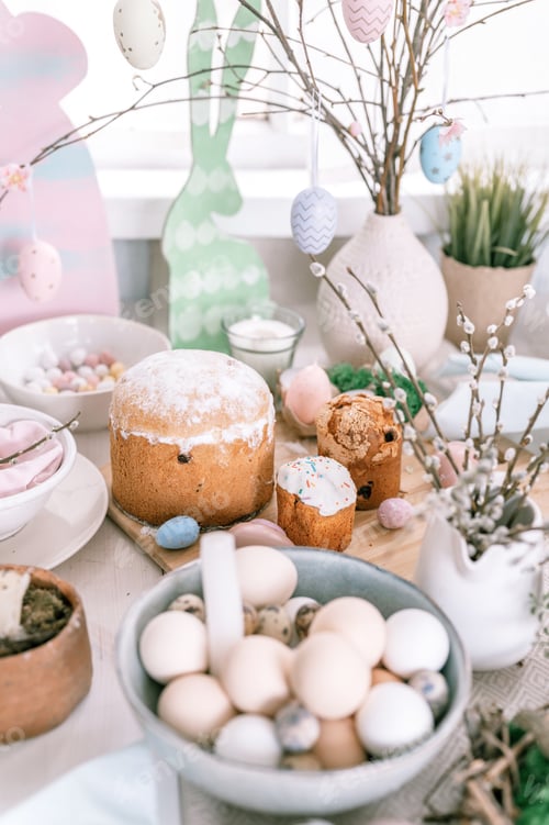 Preview: happy easter and spring holidays time. festive tablescape set decor. traditional dinner food easter