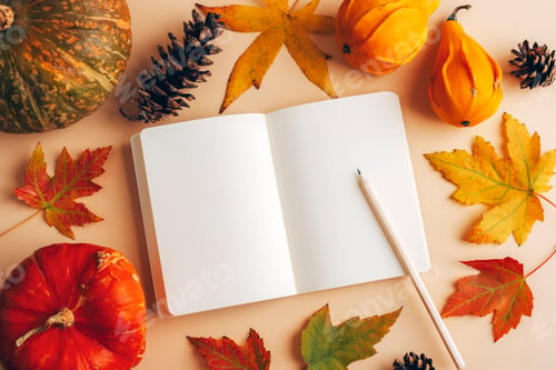 Preview: Blank open notepad with pencil, autumn leaves and pumpkins. Thanksgiving concept. Top view, flat lay