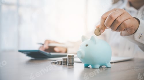 Preview: Hand holding coin with pig piggy bank. Saving and financial accounts concept