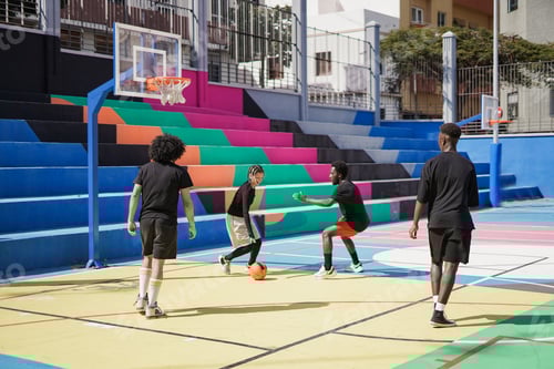 Preview: Multiracial friends having fun playing basket in the city - Focus on the african man on the left