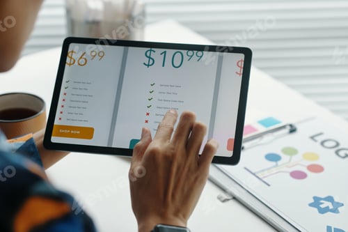Preview: Person Using Tablet for Online Pricing Analysis