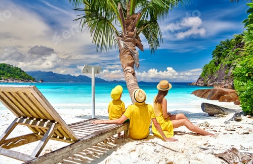 Preview: Family with three year old boy on beach. Seychelles, Mahe.