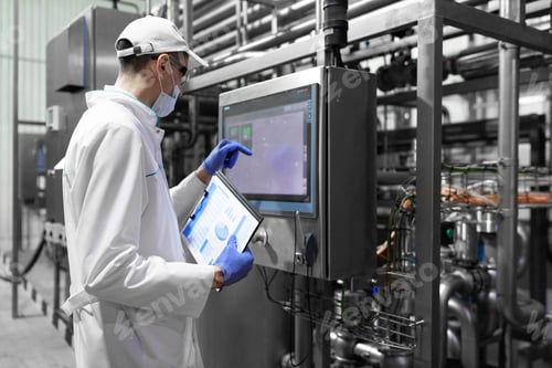 Preview: technologist taking necessary notes while standing at production department of dairy factory