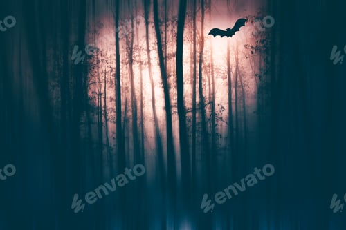 Preview: Magic, mysterious forest with trees in fog. Halloween concept