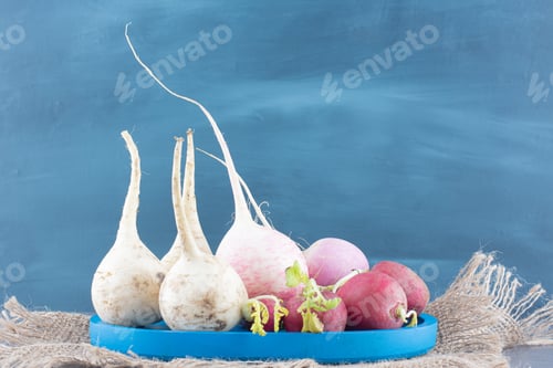 Preview: Various organic radishes on blue plate