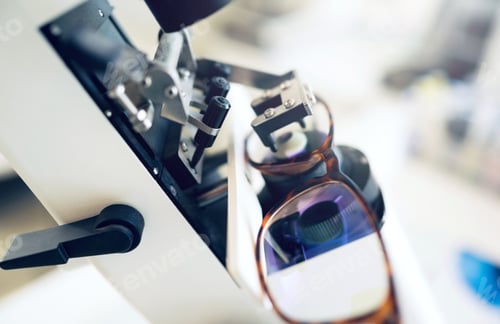 Preview: Lens, glasses or tool for eye care, vision and focus with closeup at optometrist or optometry. Eyes