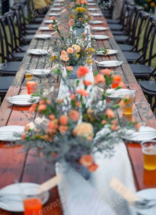 Preview: Rustic wedding style, Wooden dining table with flowers decoration and tableware