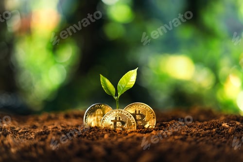 Preview: Bitcoin growth, Bitcoin coins on the ground and leaves grow.