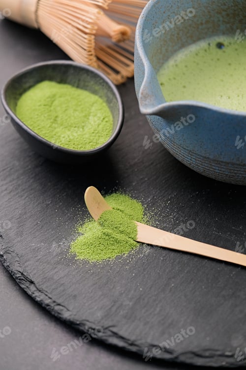 Preview: Traditional green matcha kit, Bamboo whisk and beverage on slate plate
