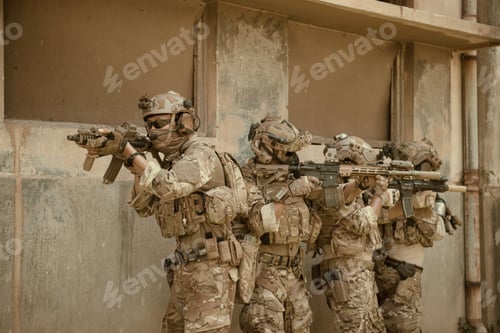 Preview: Professional marine soldiers training with weapon on a military range.