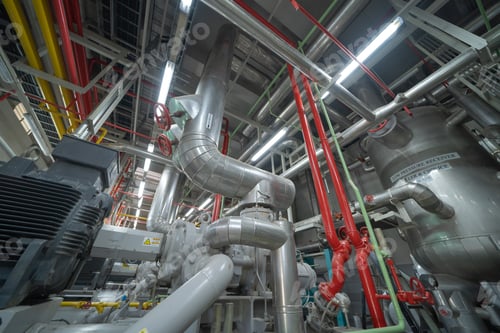Preview: Industry factory. Cooling tower in building. System work machine. Water Supply and return pipe lines