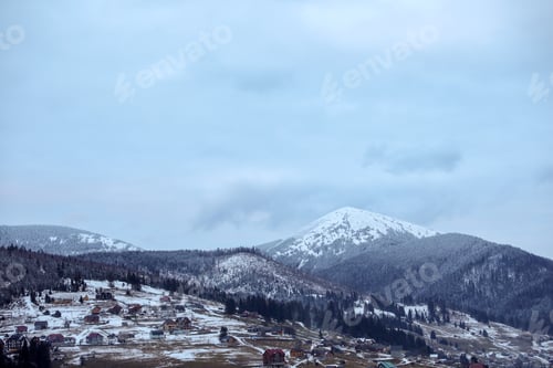 Preview: Winter landscape with mountain village near conifer forest